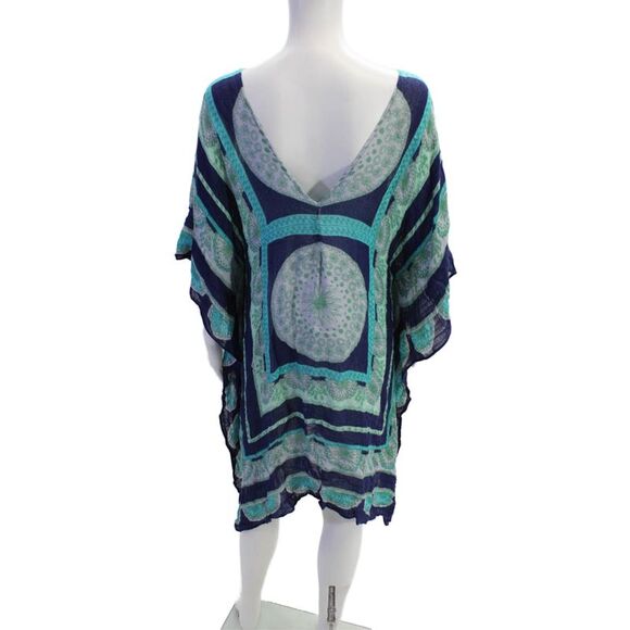 Theodora & Callum Womens Linen Geometric Print Tunic Sheer Cover-Up Blue Size M - Picture 3 of 4